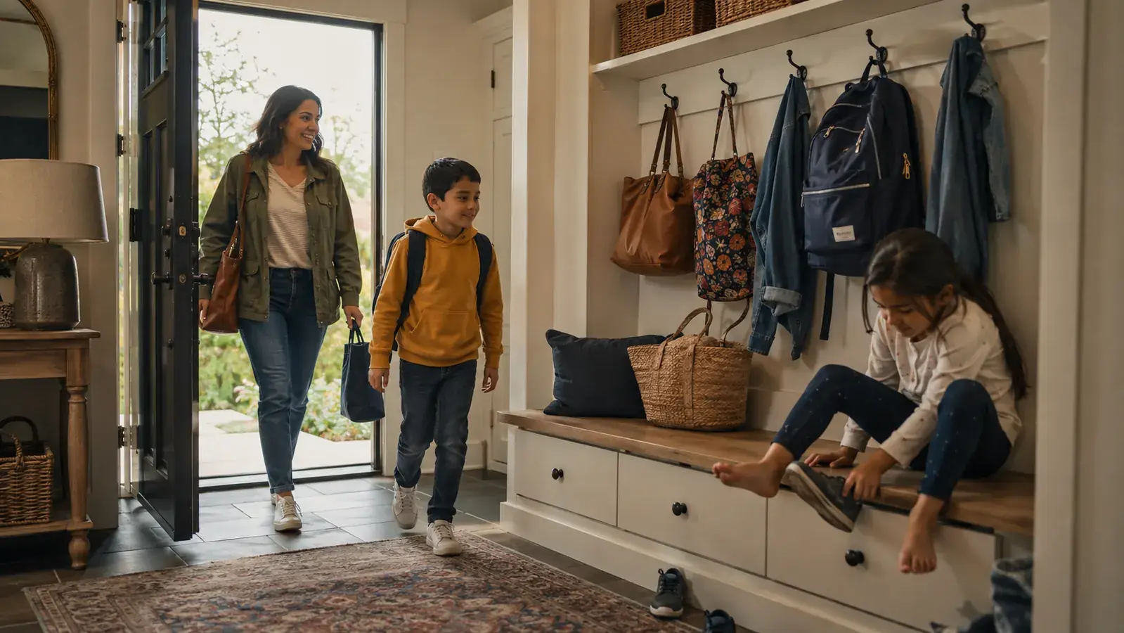 A family entering through the front door and setting bags and shoes at a hall tree bench without breaking stride