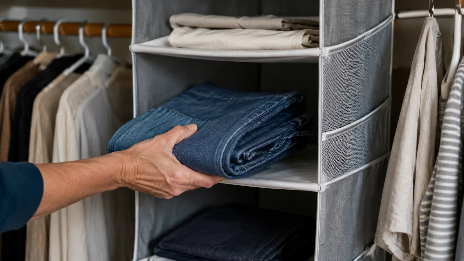 Hand sliding a folded stack of jeans onto one of the gray hanging closet organizer's shelves