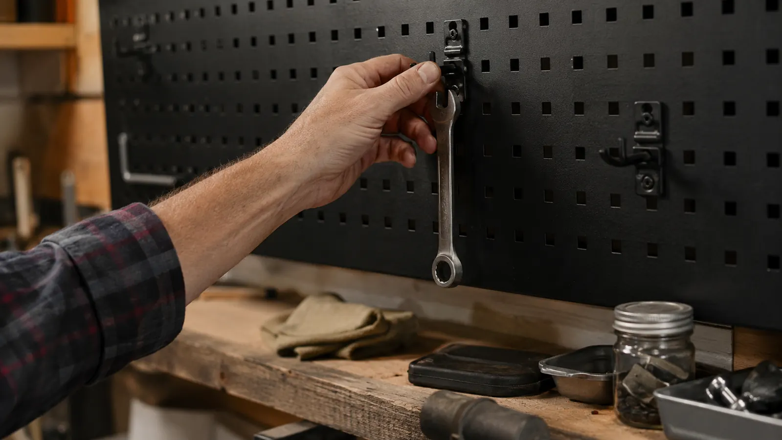 Hand hanging a wrench on a metal pegboard hook above a workbench