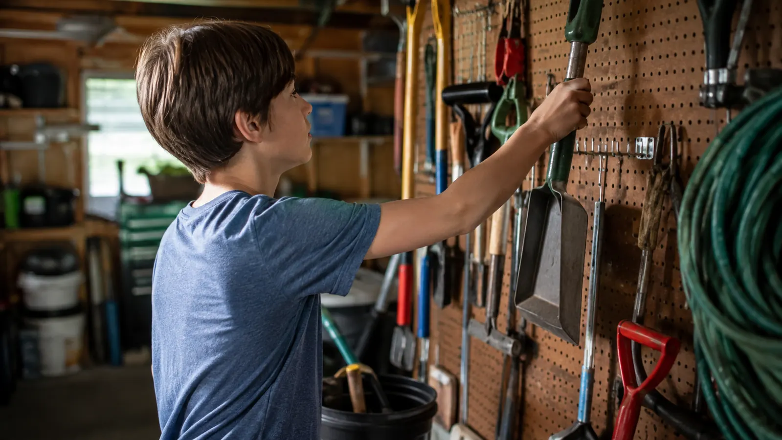 A child hanging a small rake back on a labeled pegboard hook in a garage