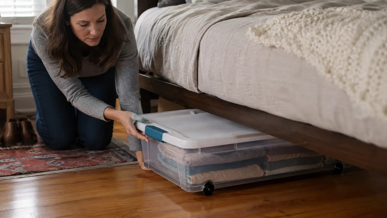 A hand rolling a clear under-bed storage bin out from beneath a bed frame by its built-in wheels