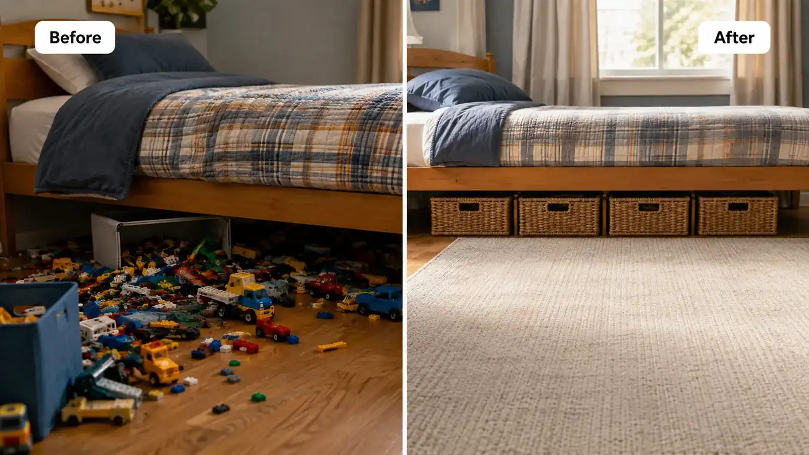 A kid's bedroom floor cleared of toy bins, with the toys now stored under the bed instead