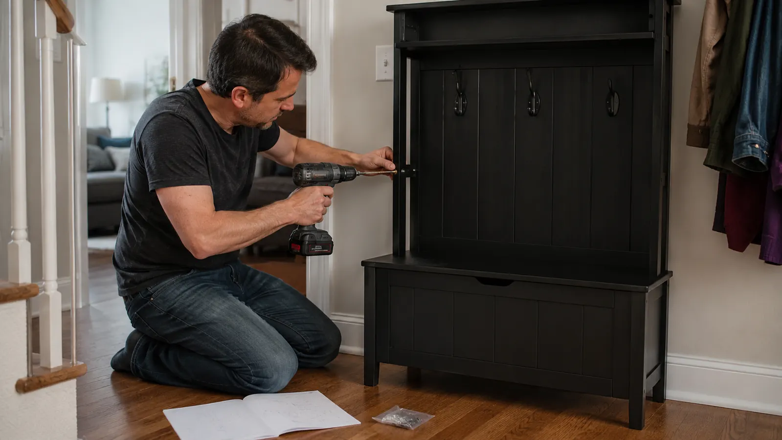 A hand uses a cordless drill to attach a coat hook bracket to the hall tree bench frame, with the printed assembly manual open on the floor beside labeled hardware bags
