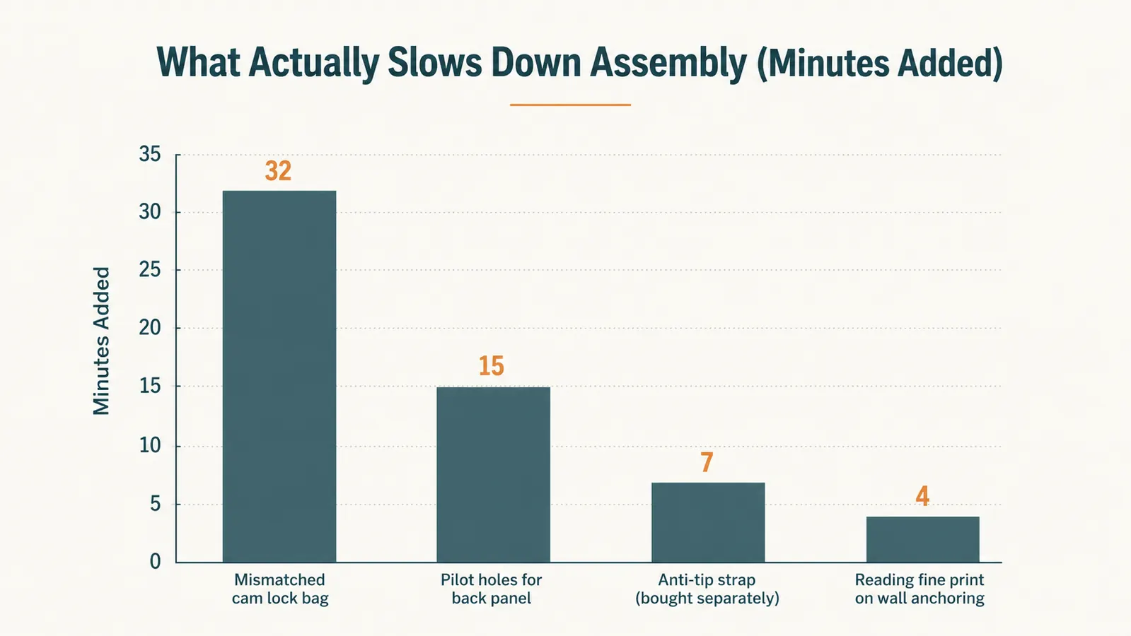 Bar chart titled What Actually Slows Down Assembly showing minutes added by mismatched hardware, drilling pilot holes, and installing the anti-tip strap