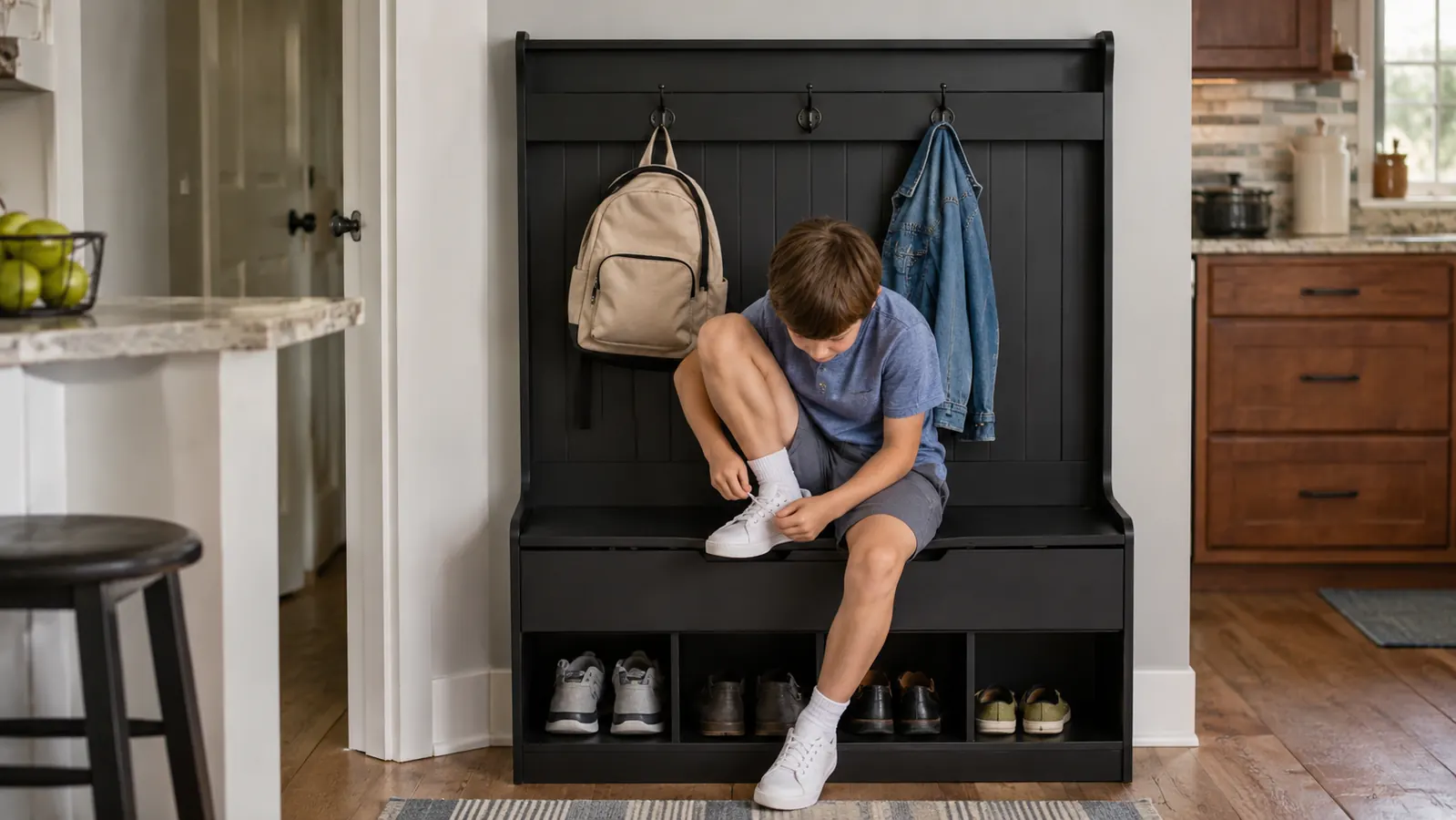 A child sits on the hall tree bench pulling off sneakers while shoe cubbies underneath hold several pairs of shoes