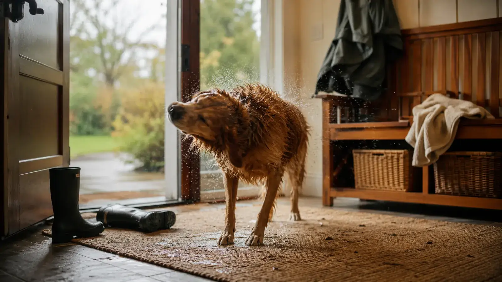 A wet dog and a pair of rain boots sit by the front door on a rainy afternoon, with the hall tree bench visible in the background catching coats and shoes