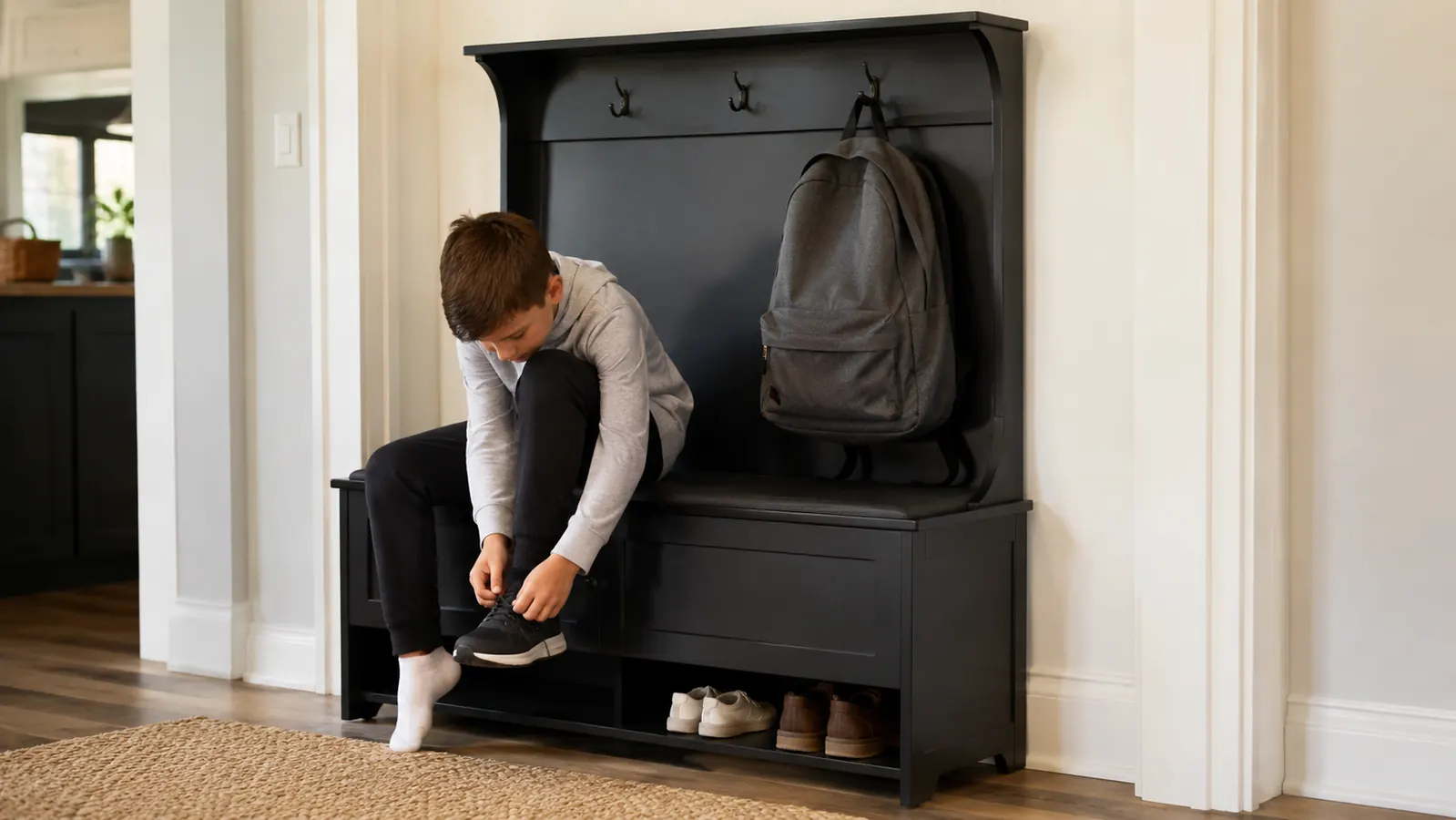 Child sitting on the hall tree bench putting on shoes while backpack hangs on the hook above