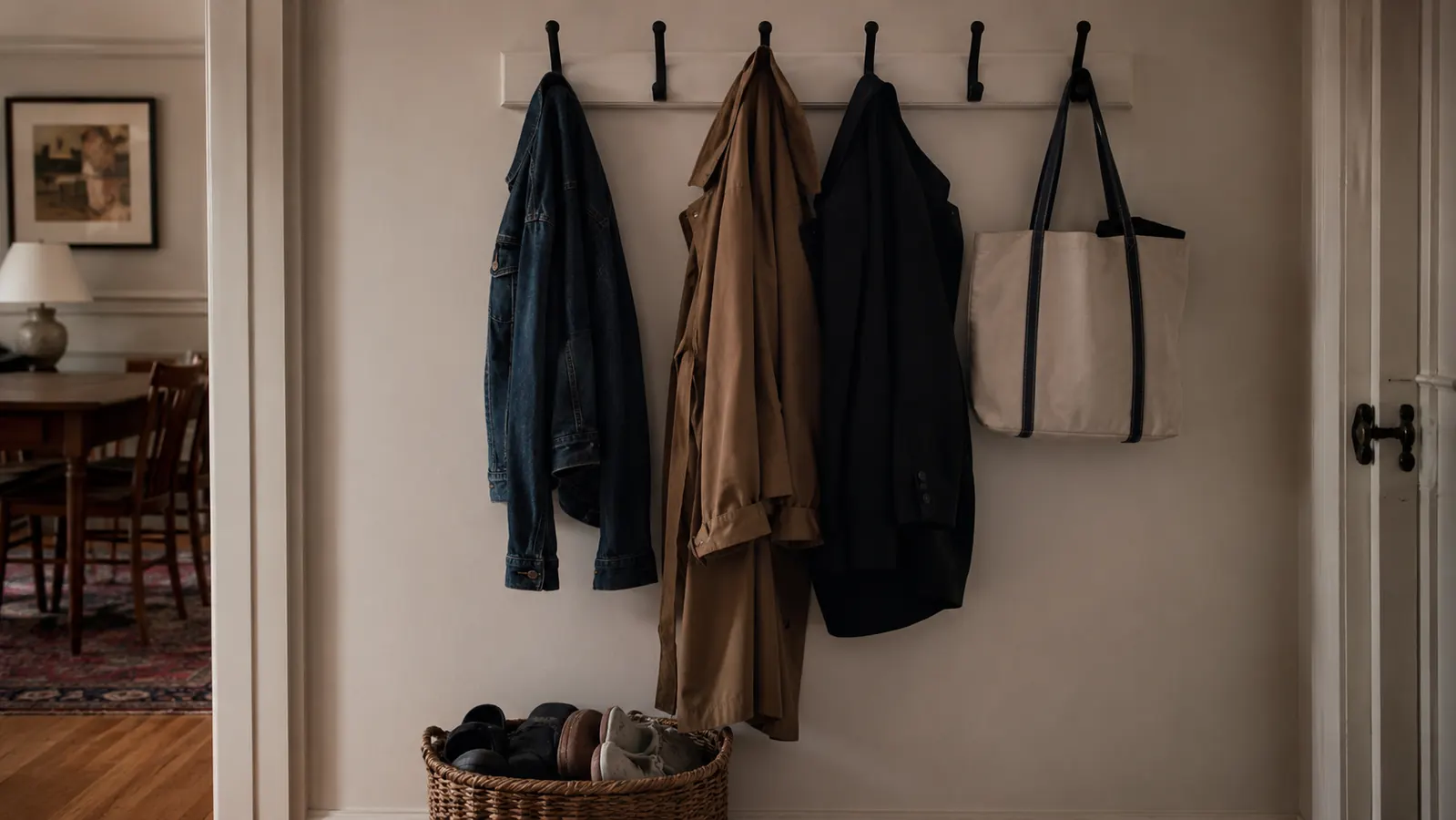 Simple wall-mounted coat hook rail with jackets hanging and shoes scattered on the floor below