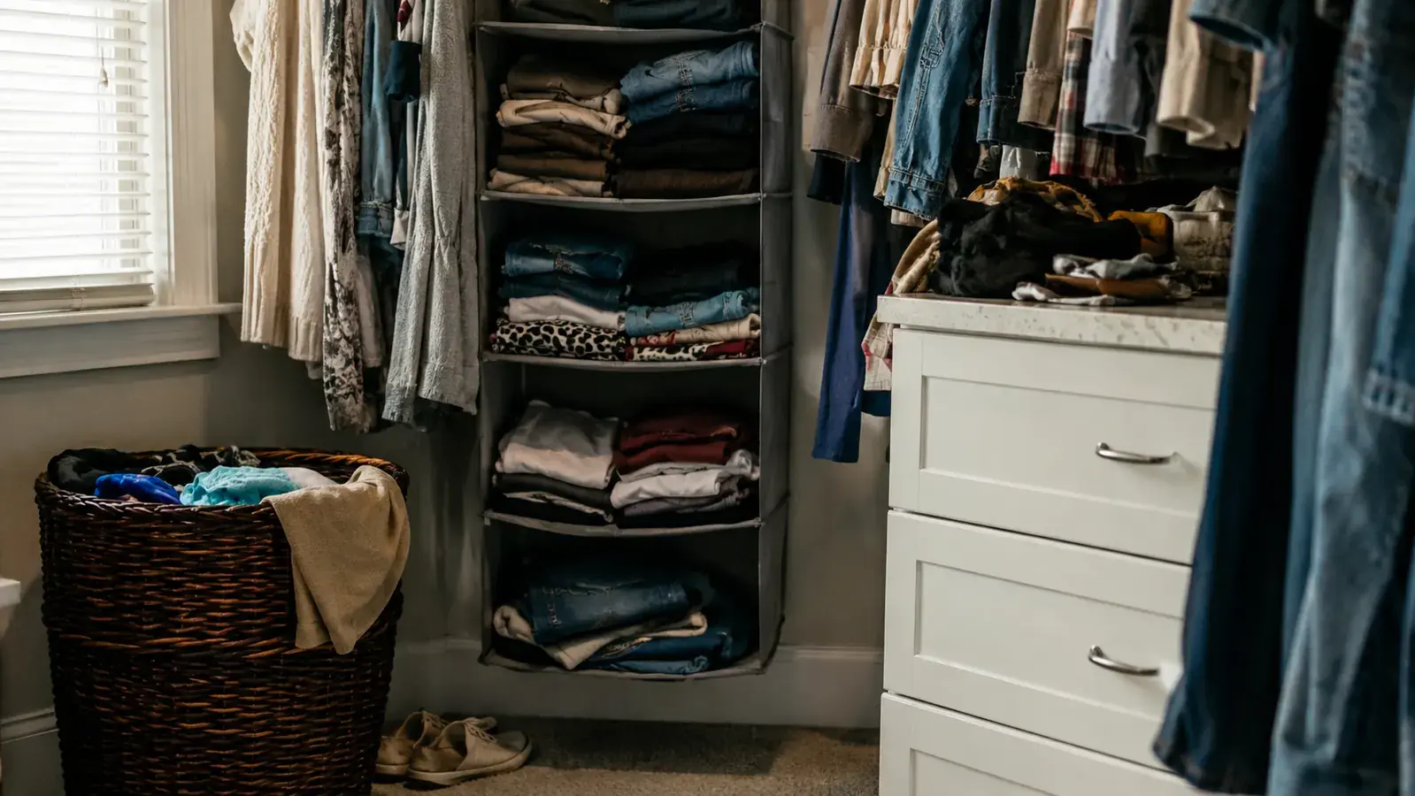 The gray hanging closet organizer in a different closet, this time next to a laundry basket, showing everyday clutter around it rather than a styled shot