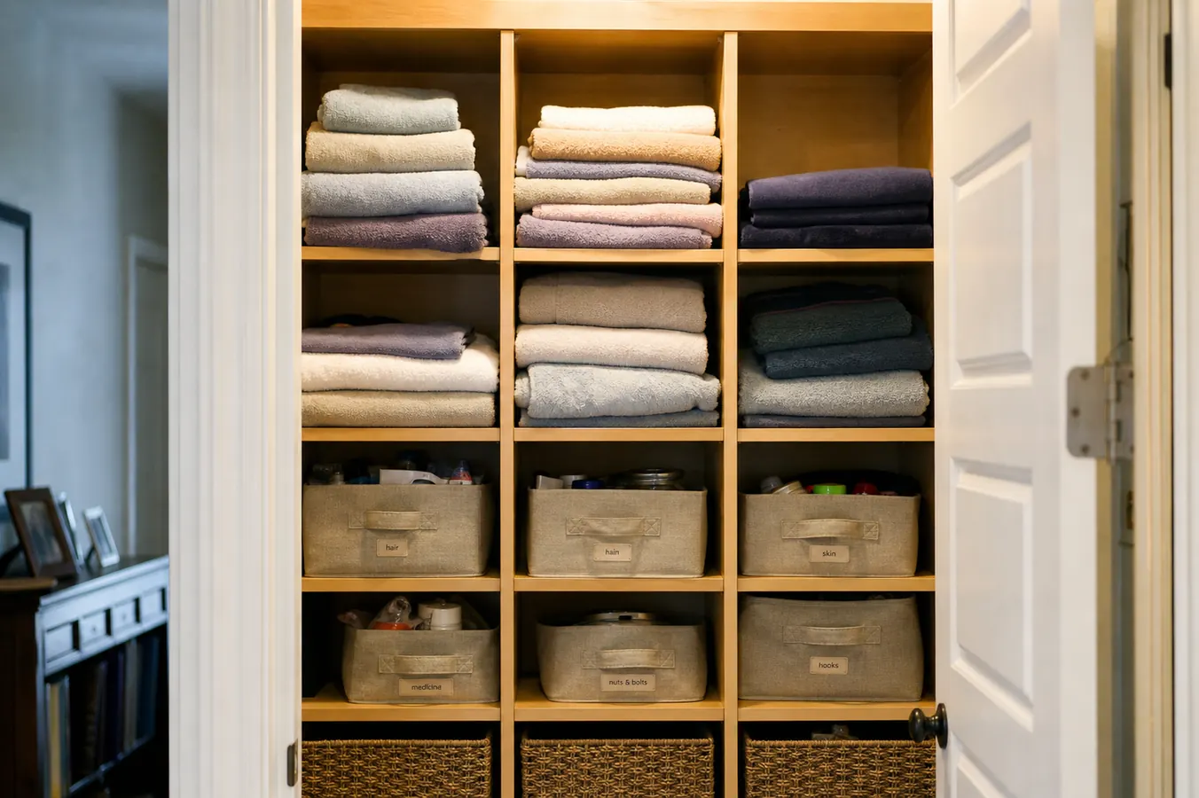 A wood shelf divider system installed inside a closet holding folded towels and bins