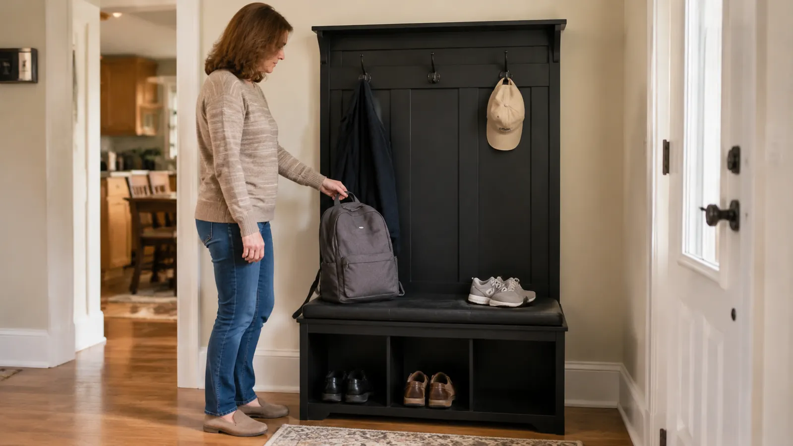 Hand setting a backpack down on the bench seat of the hall tree next to a pair of sneakers