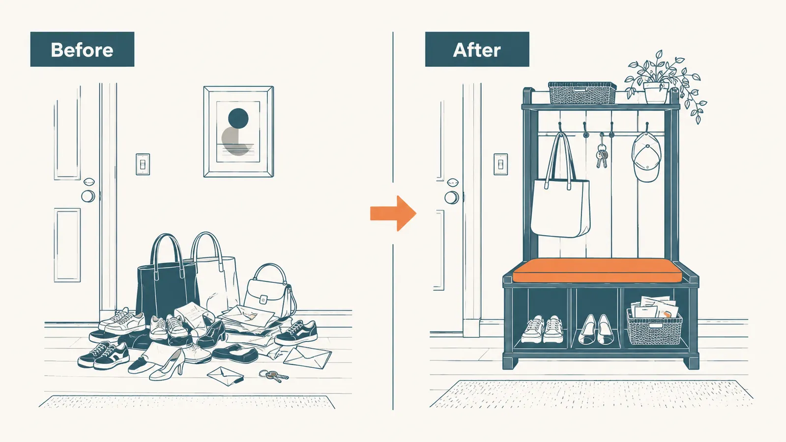 Before and after split showing a cluttered pile of shoes and bags by a door compared to the same spot organized with the hall tree bench