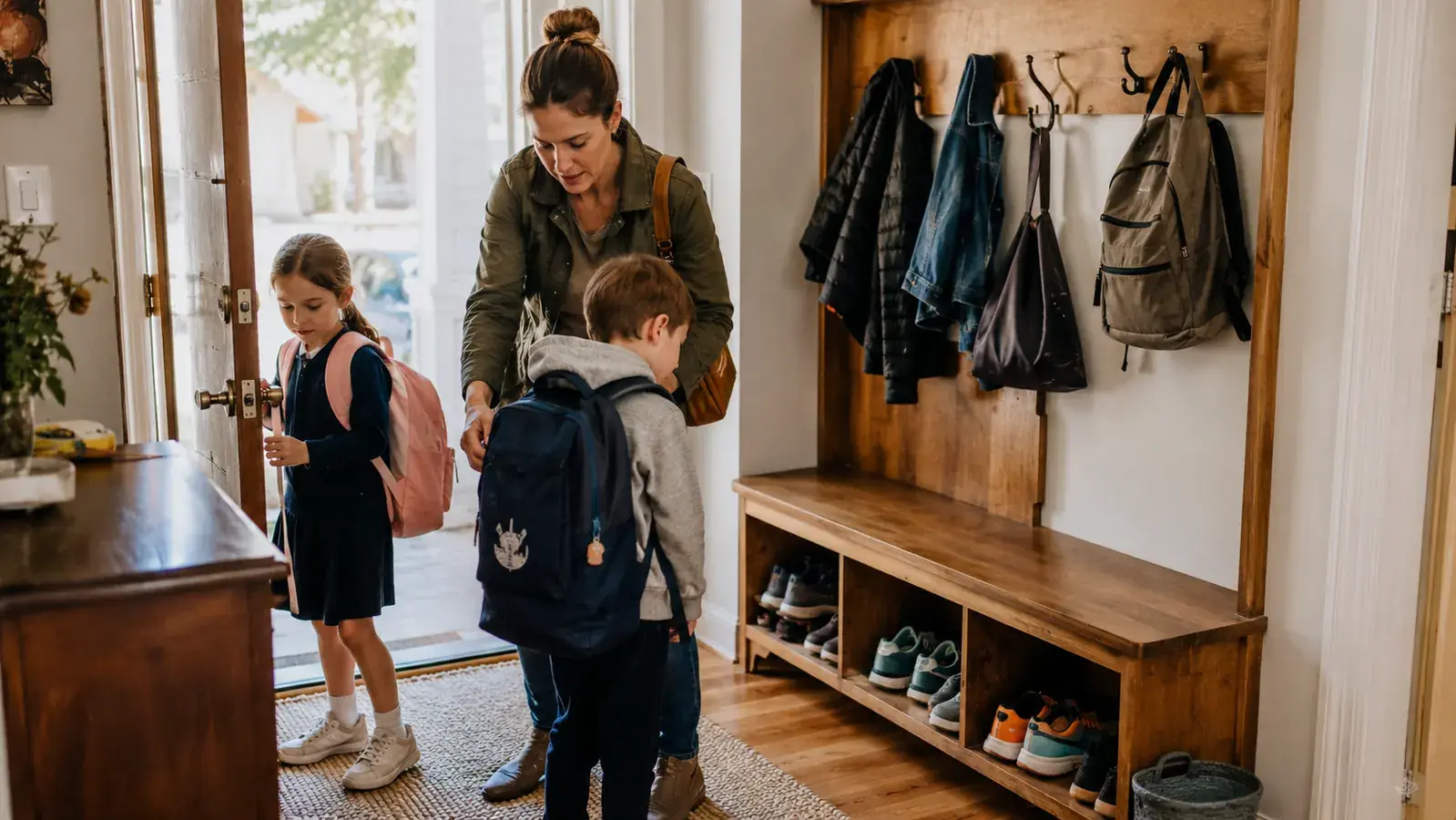 Family walking out the front door in the morning past an organized hall tree bench