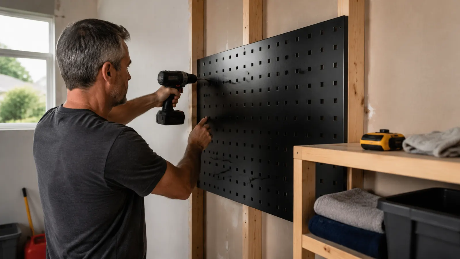 A man's hand mounting a metal pegboard panel to a garage wall with a drill