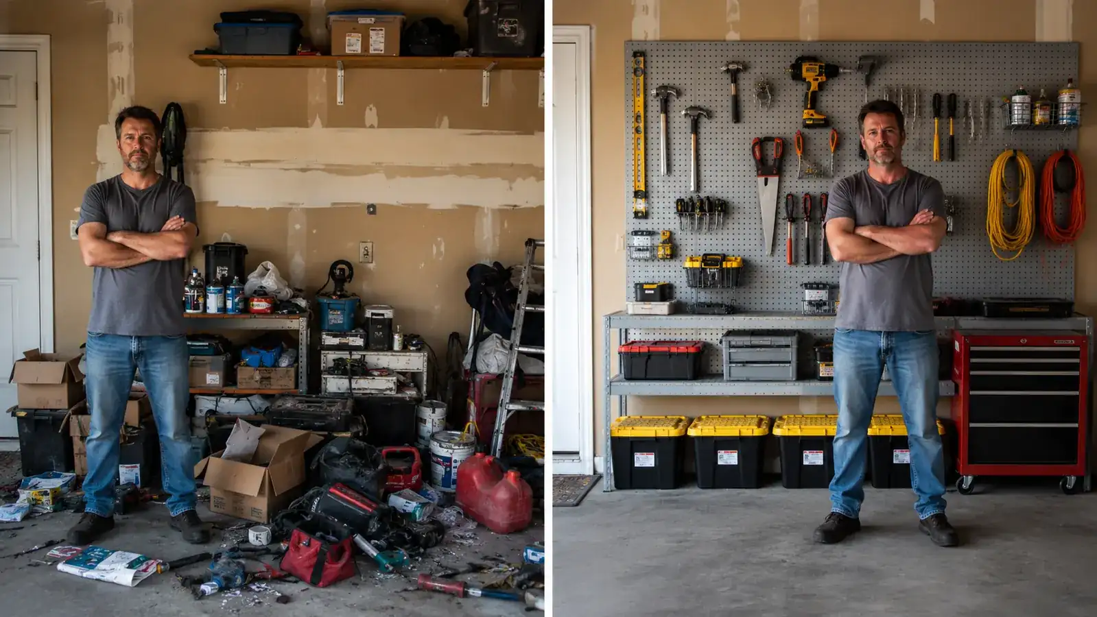 Before and after comparison of a cluttered garage floor versus a garage wall with tools hung on a pegboard
