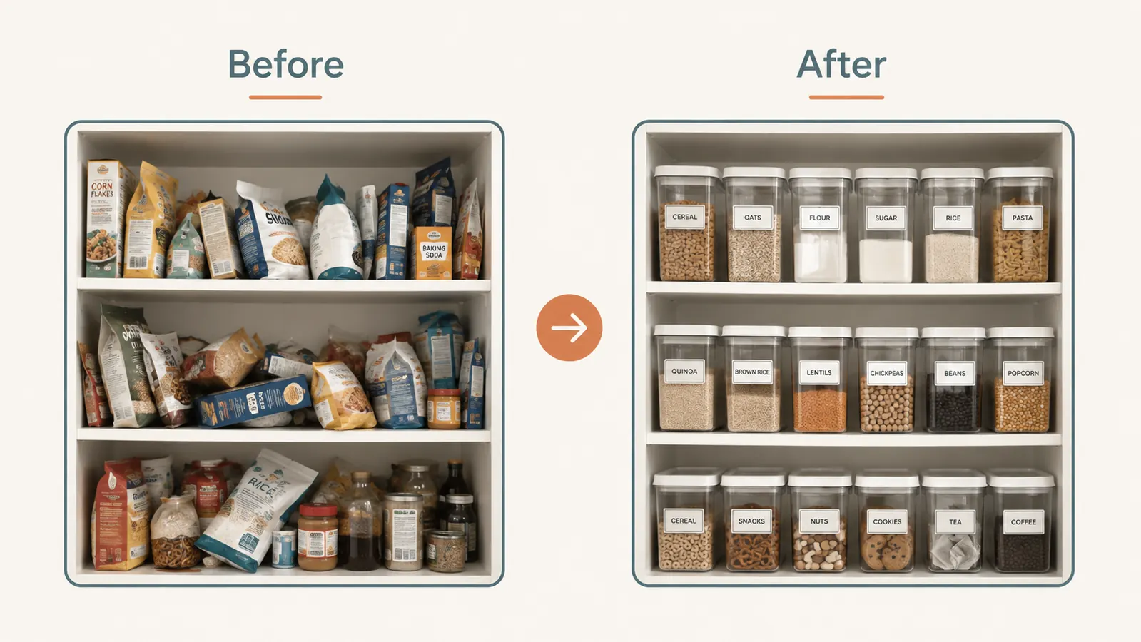 Before and after split of a cluttered pantry shelf compared to the same shelf organized with clear bins