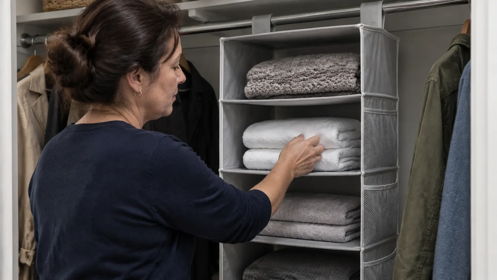 Hand loading folded towels onto the middle shelf of a gray hanging closet organizer clipped to a closet rod