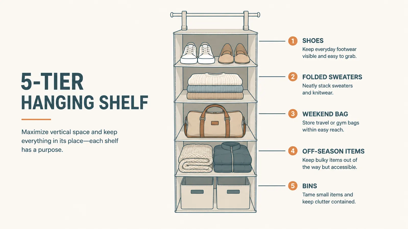 Diagram of a 5 shelf hanging closet organizer labeled with what to store in each shelf tier