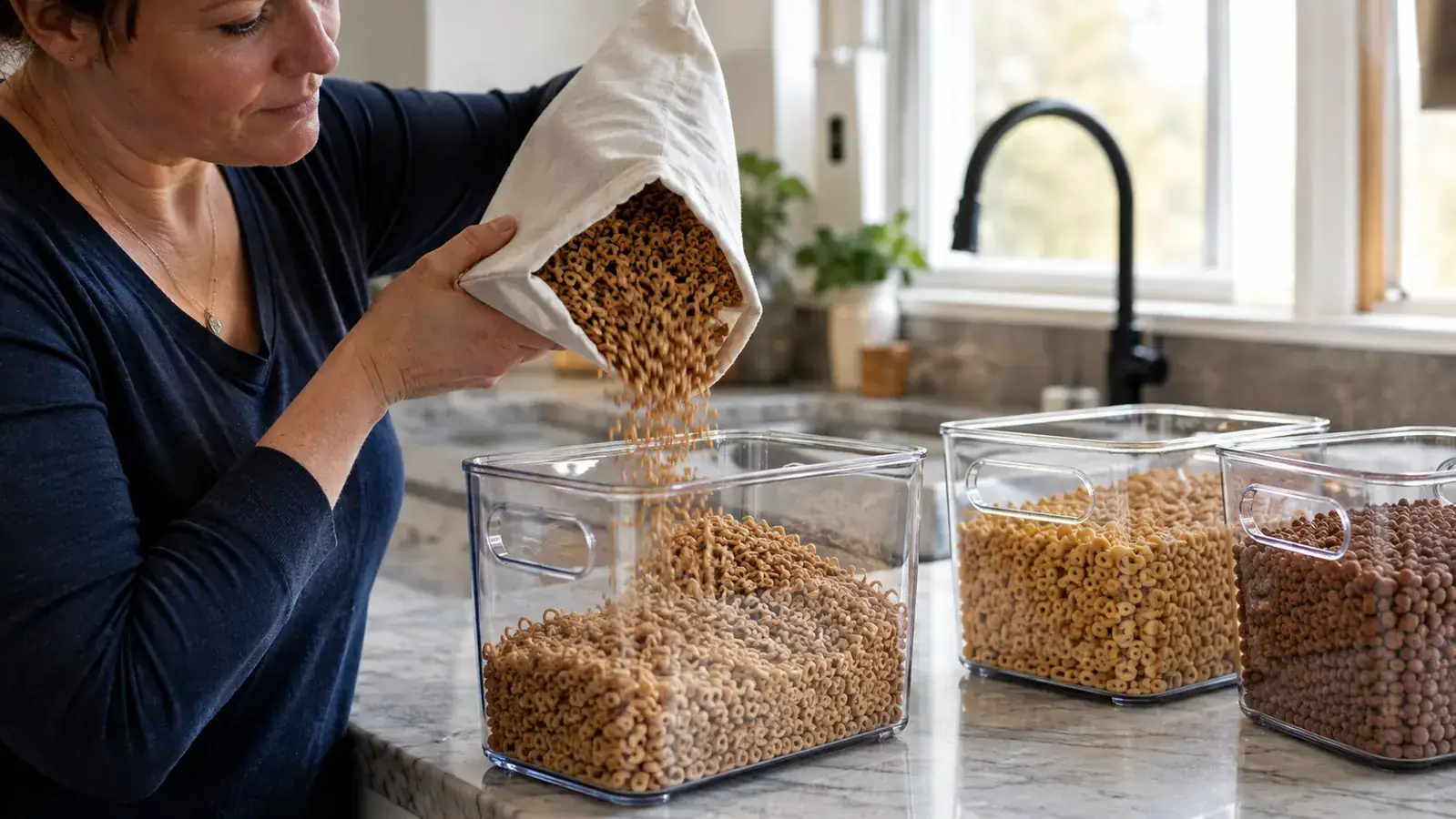 A hand pouring cereal from a box into a clear plastic pantry bin on a kitchen counter