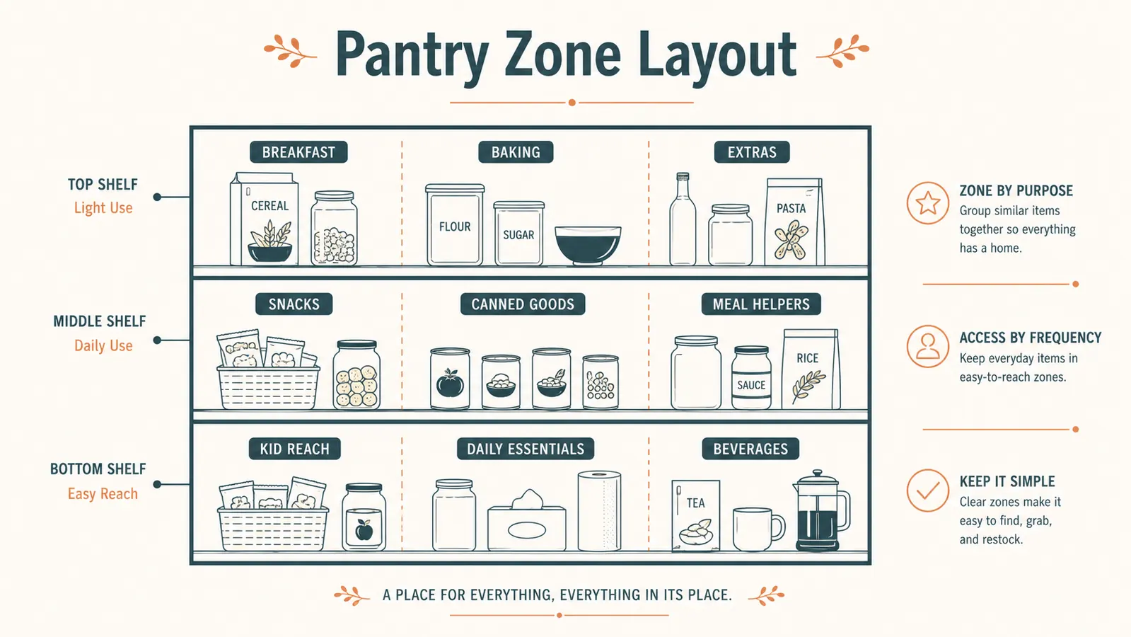 A diagram-style layout showing a pantry shelf split into labeled zones for breakfast, baking, snacks, and canned goods
