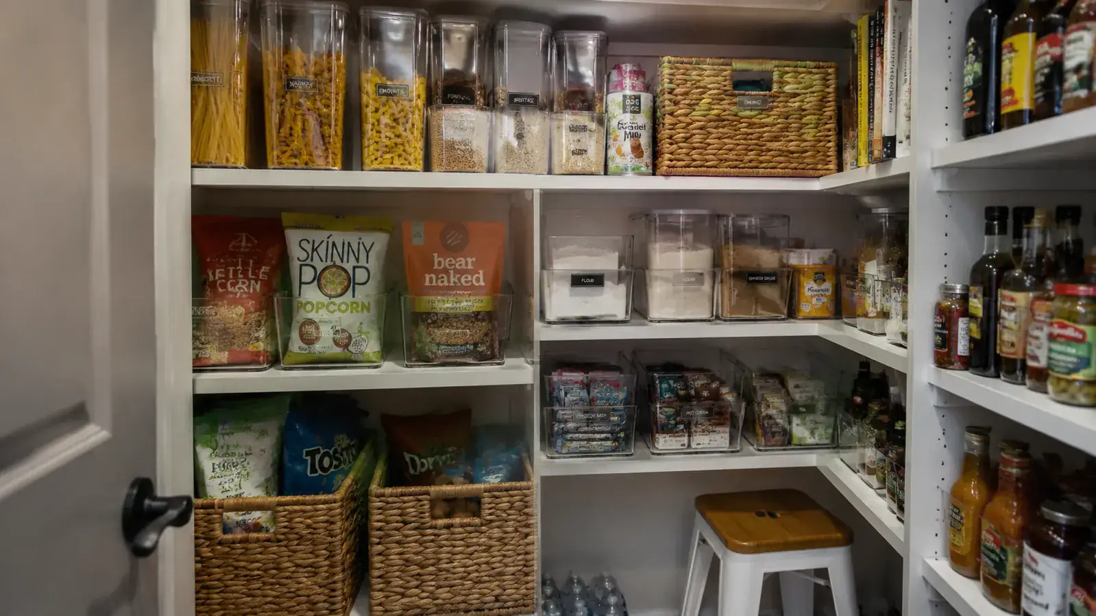 A finished small pantry with rows of clear labeled bins holding pasta, rice, snacks, and baking supplies