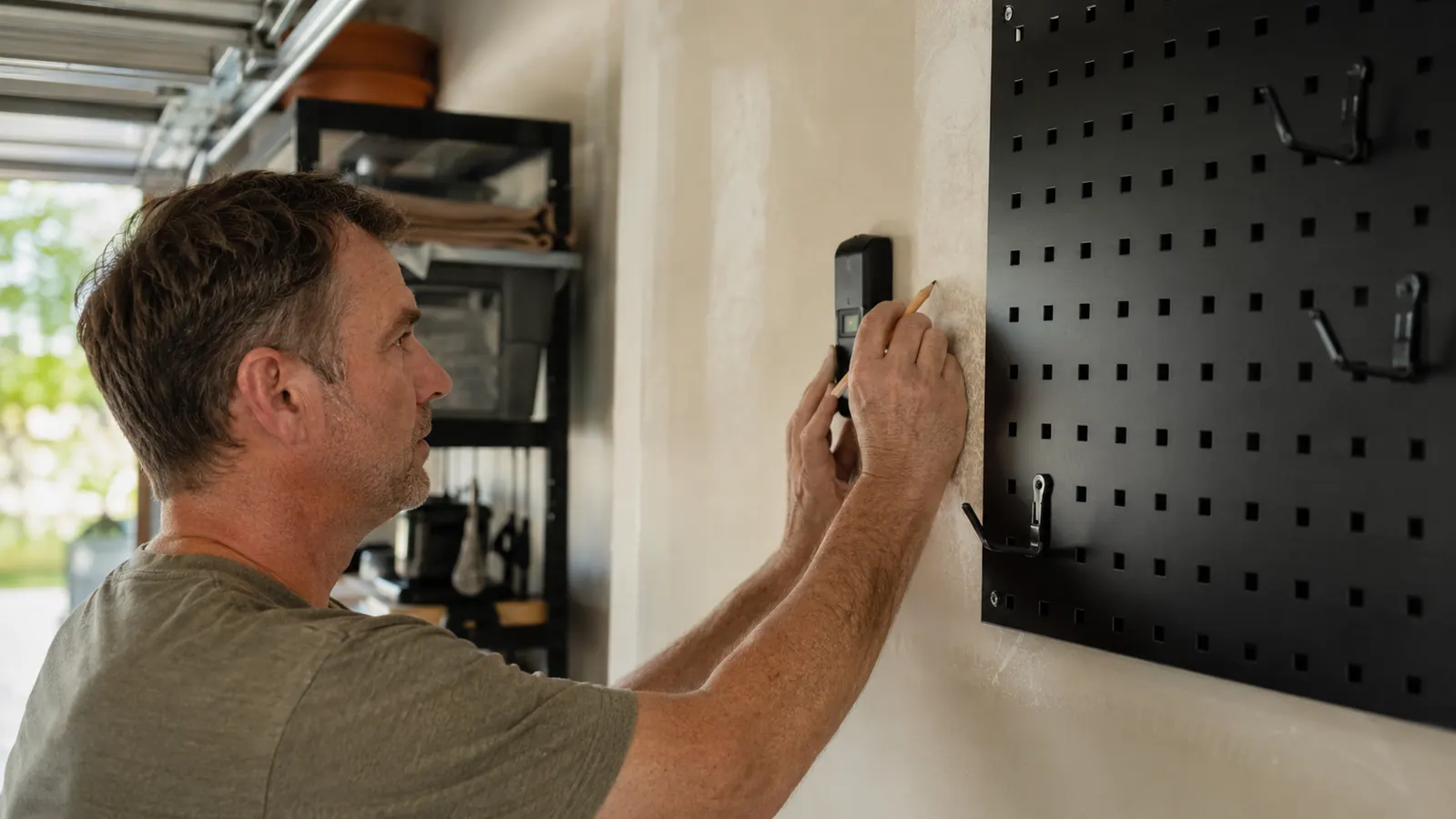 A hand holding a stud finder against a garage wall while marking a spot for a pegboard mounting rail