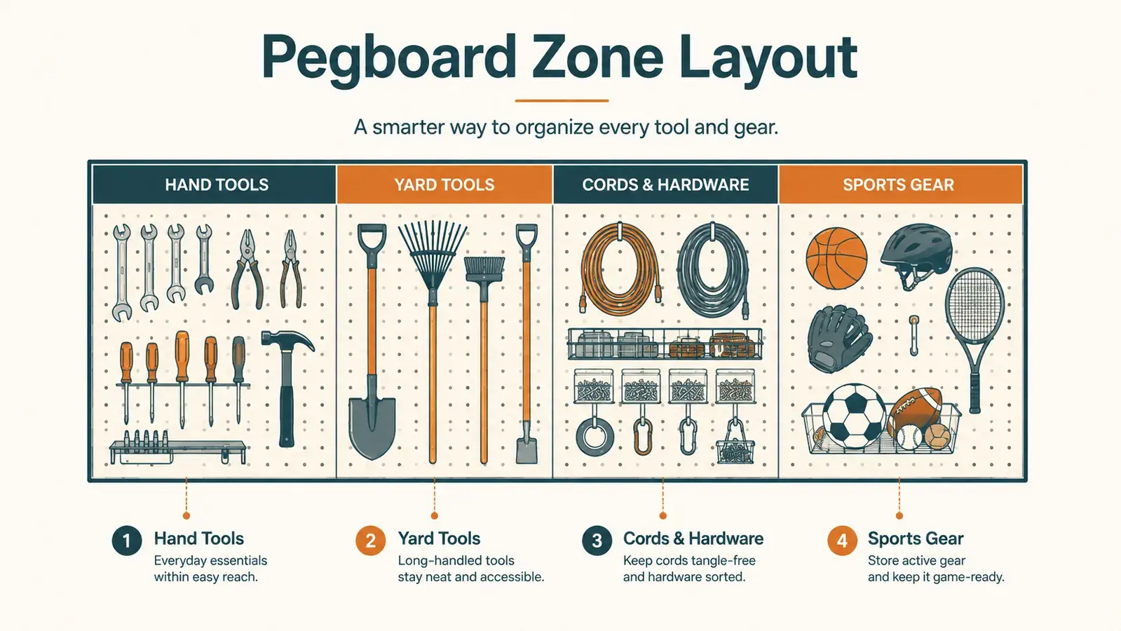A diagram-style layout showing a garage wall split into labeled zones for hand tools, yard tools, and cords