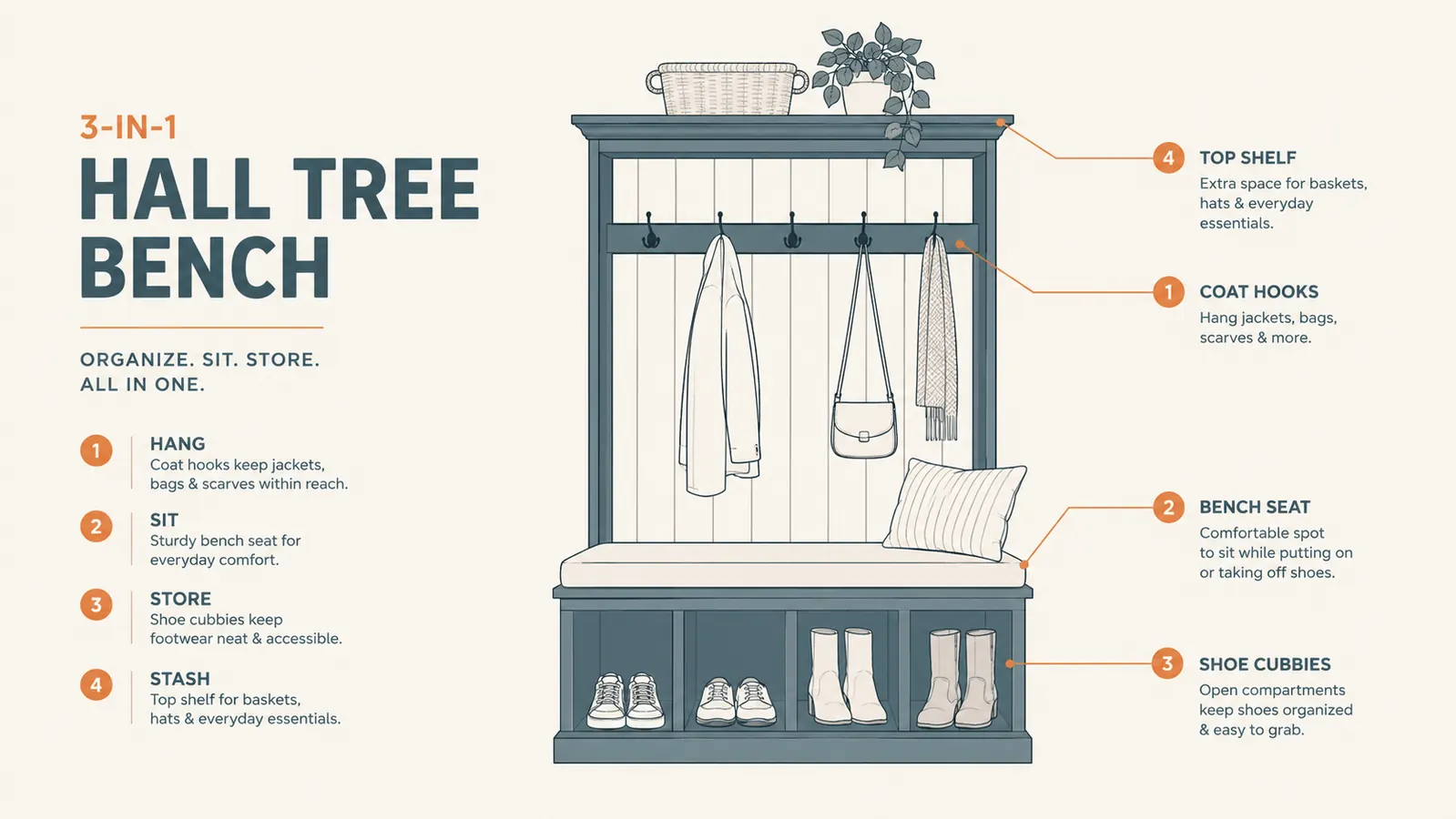 Diagram of a hall tree bench labeled by zone: hooks for coats and bags, cubbies for shoes, bench seat, top shelf for keys and mail