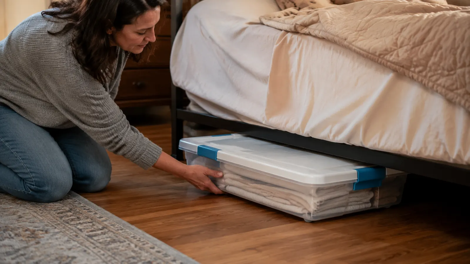 A person kneeling beside a bed, sliding a wheeled clear storage bin under the bed frame by its front lip