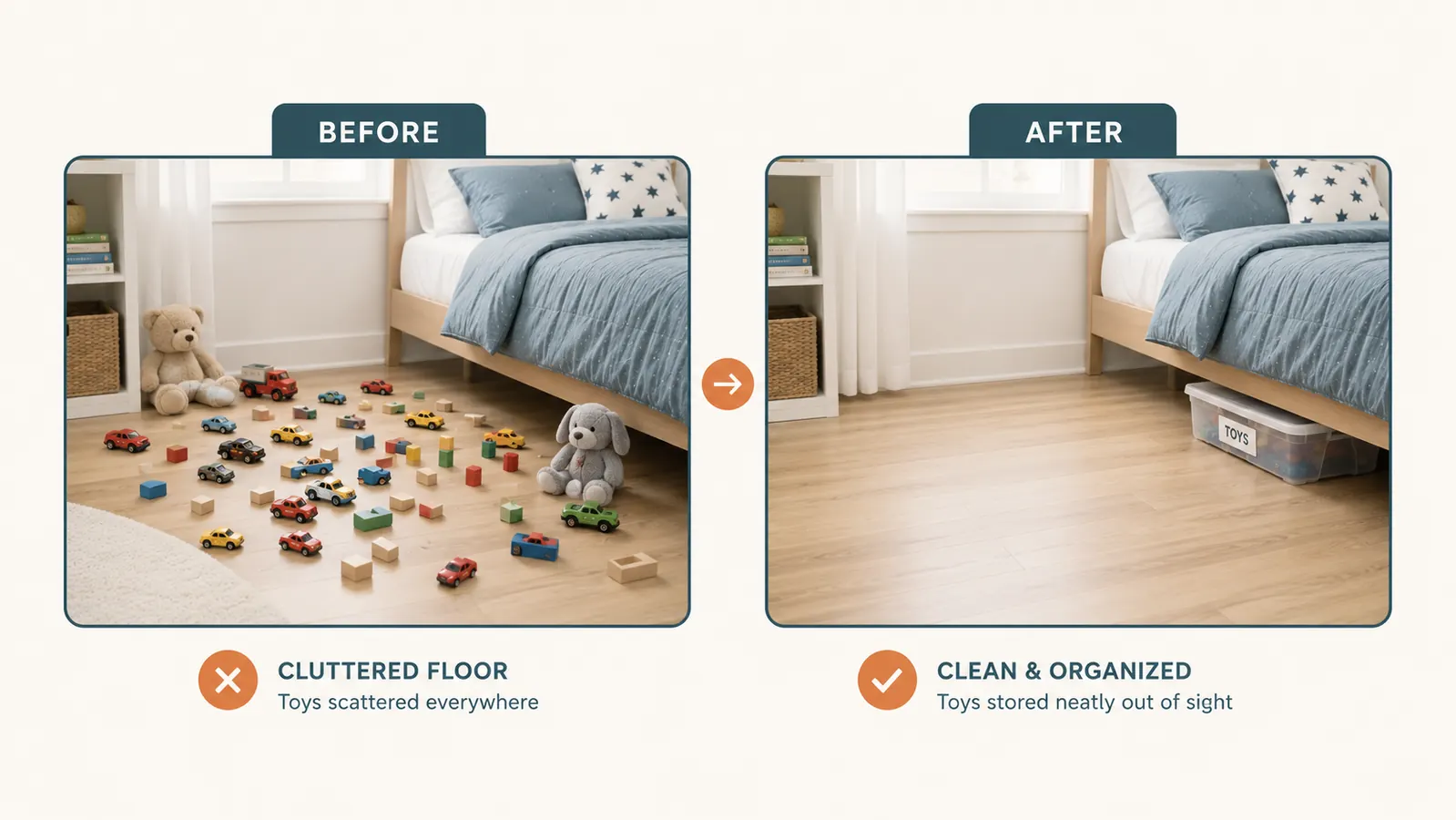 A simple before and after graphic comparing a floor covered in toys against the same floor cleared with a bin under the bed