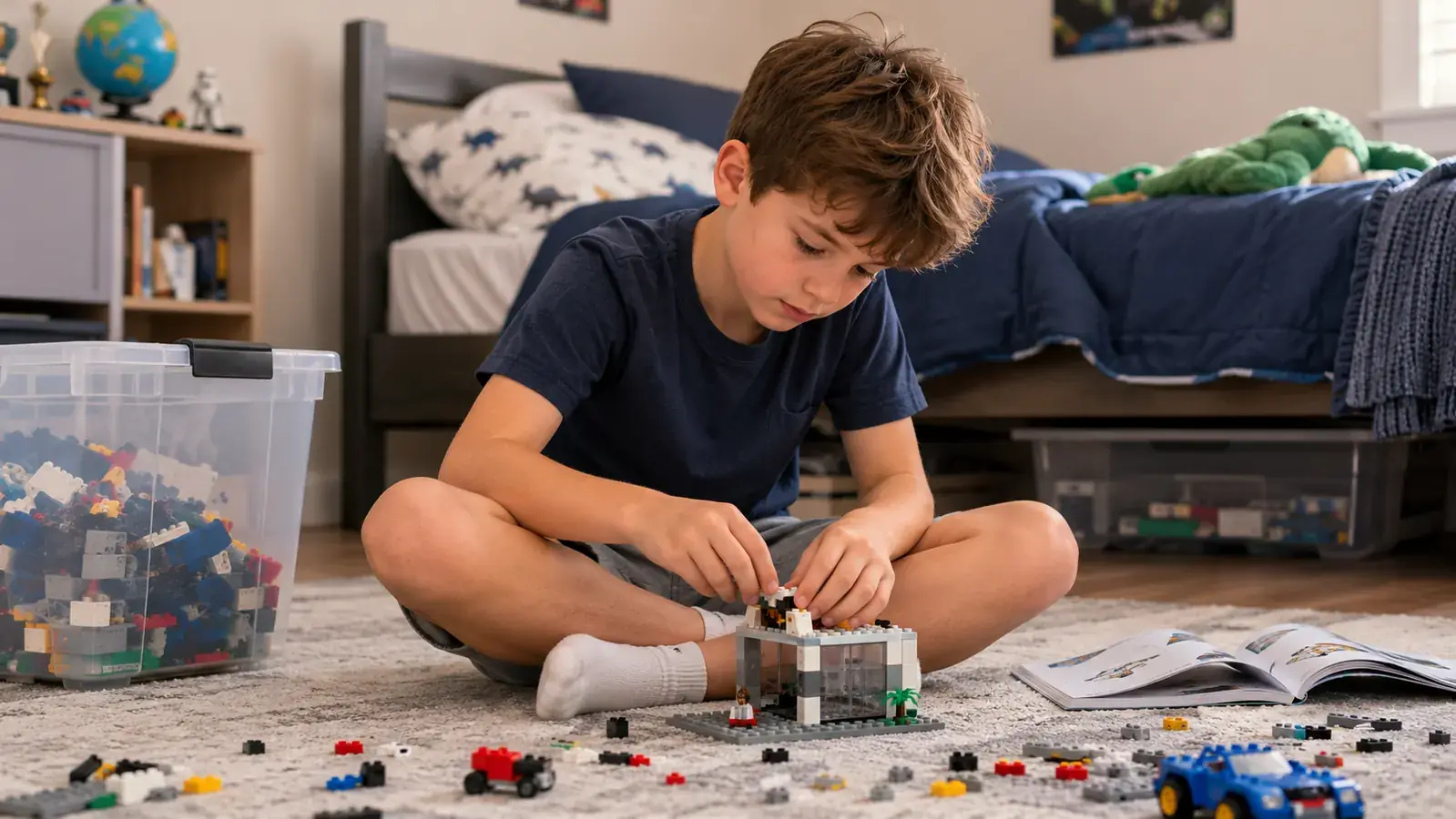 A child playing on a clear bedroom floor next to a bed with a storage bin tucked underneath
