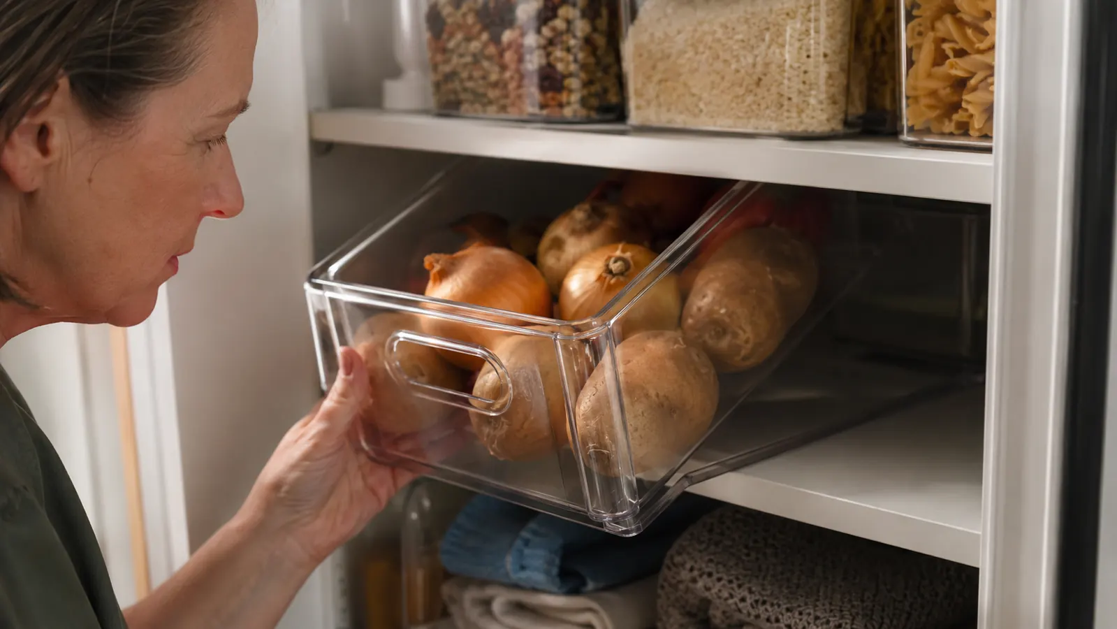 A hand tilting a clear pantry bin at an angle to clear a tight shelf opening