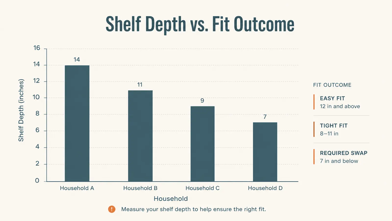 Chart comparing pantry shelf depth against how well the storage bins fit across four test households