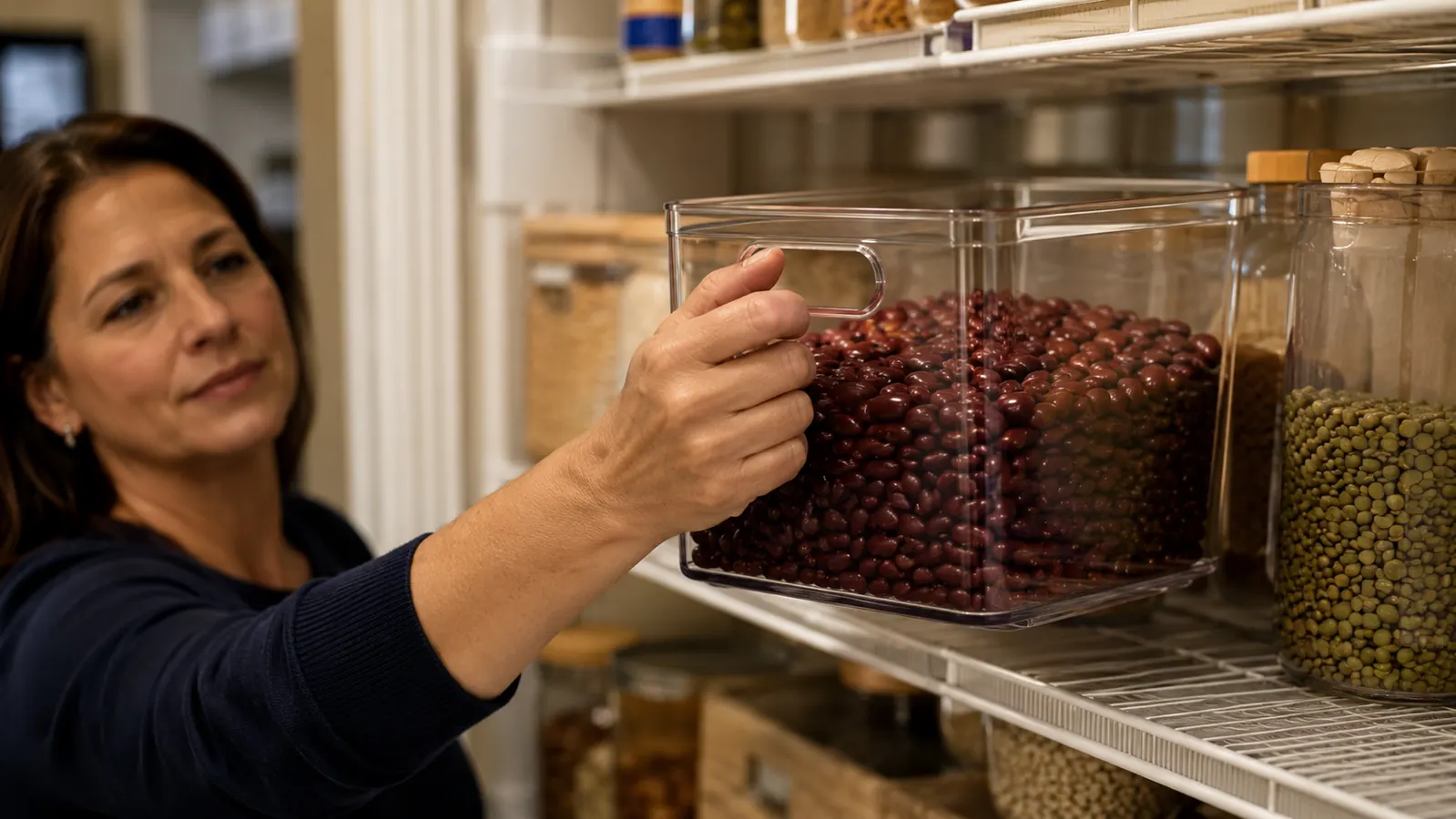 A hand pulling a clear pantry bin by its cutout handle off a wire shelf