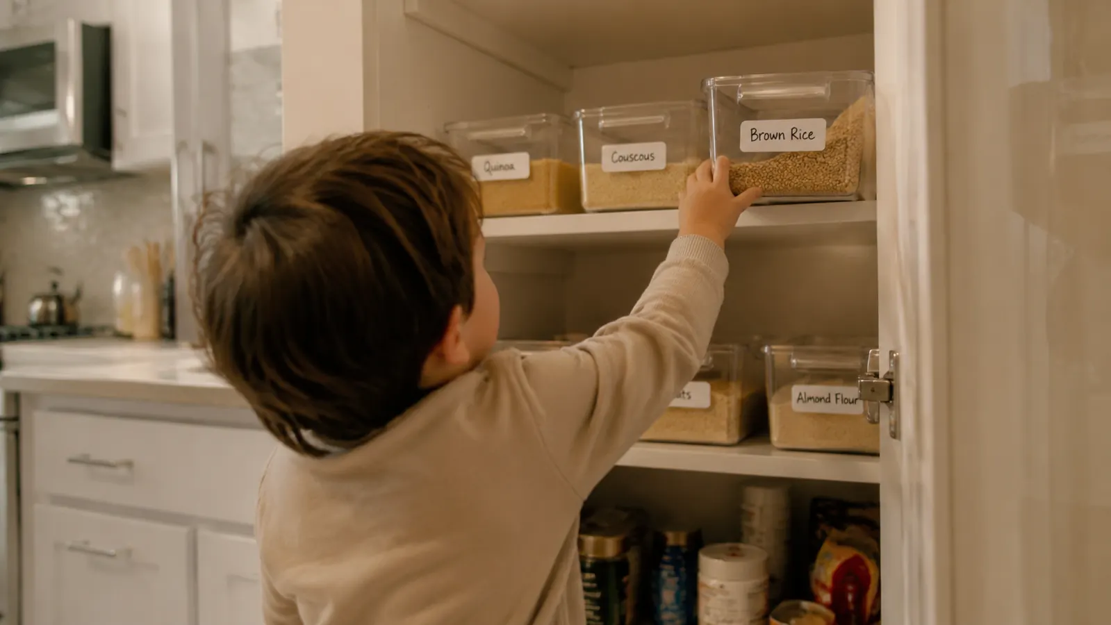 A child reaching for a snack from a labeled clear pantry bin