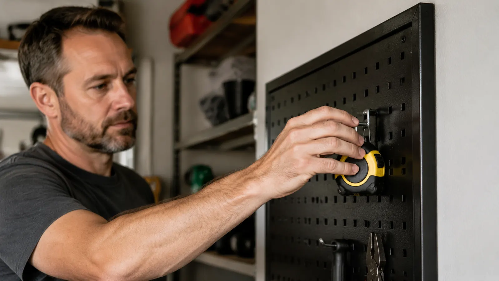 A hand hanging a tape measure on a metal pegboard hook near the panel's cut edge, close enough to show the raw stamped steel border