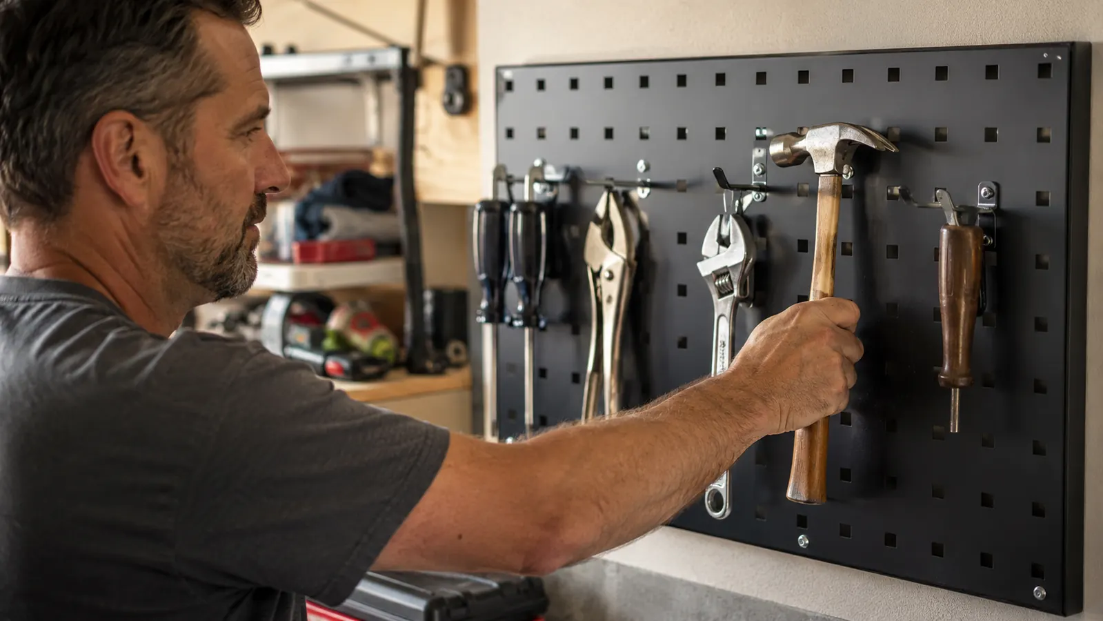 A hand hanging a claw hammer on a metal pegboard hook next to a pegboard screwdriver rack