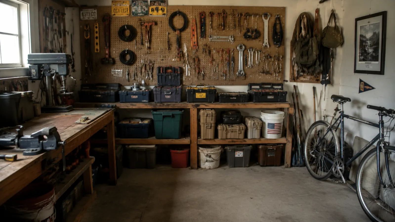 A finished garage corner with pegboard wall, a workbench, and a bike leaning nearby, tools all visible and put away