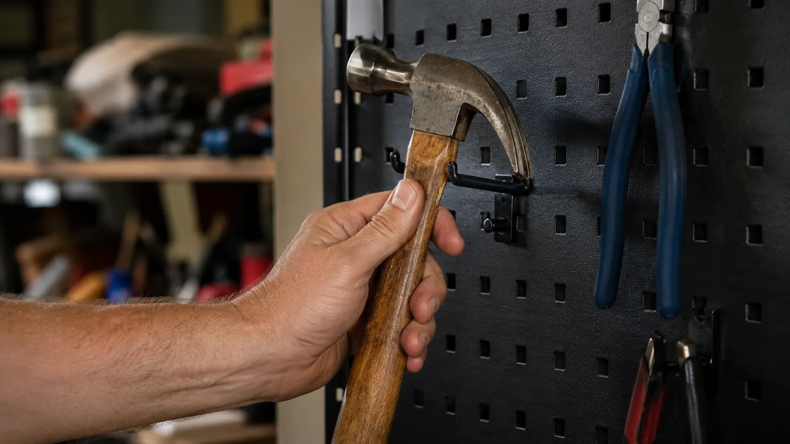 A hand hooking a hammer onto a metal pegboard panel using a curved steel peg