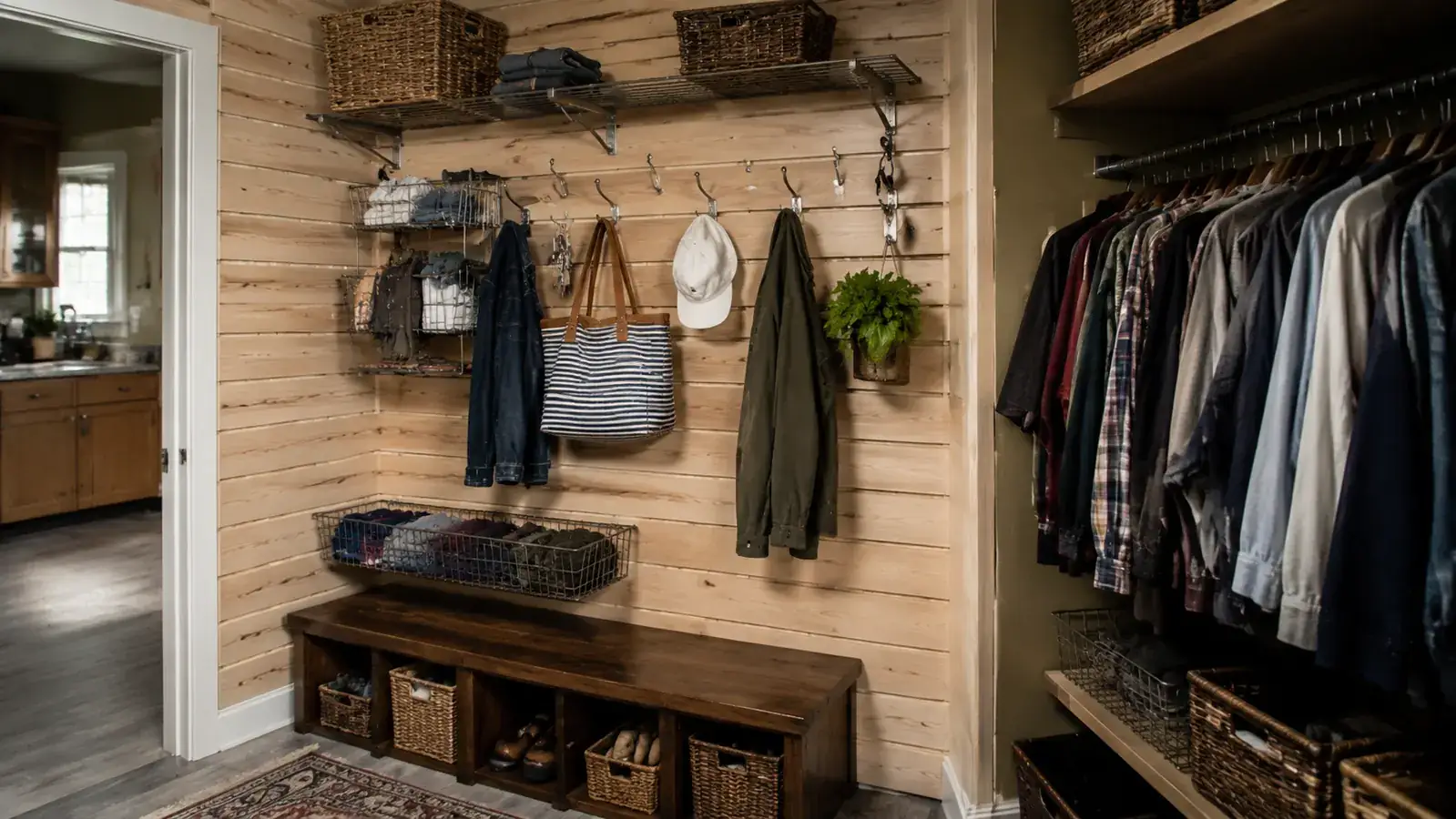 A finished closet wall fitted with light wood-toned slatwall panels holding baskets and hooks