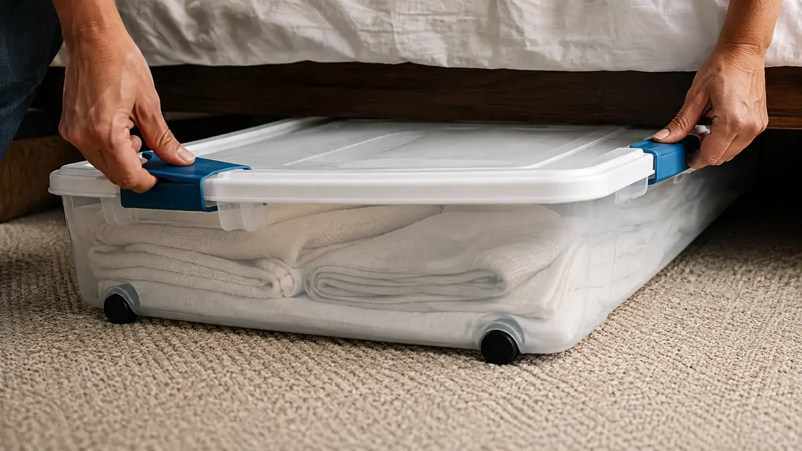 A hand pressing down on both latches of a clear plastic under-bed bin at once to snap it shut