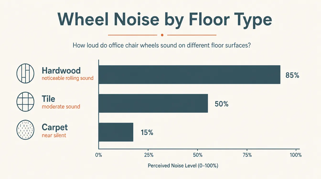 A bar chart comparing how noticeable bin wheel noise is when rolled across hardwood, carpet, and tile flooring