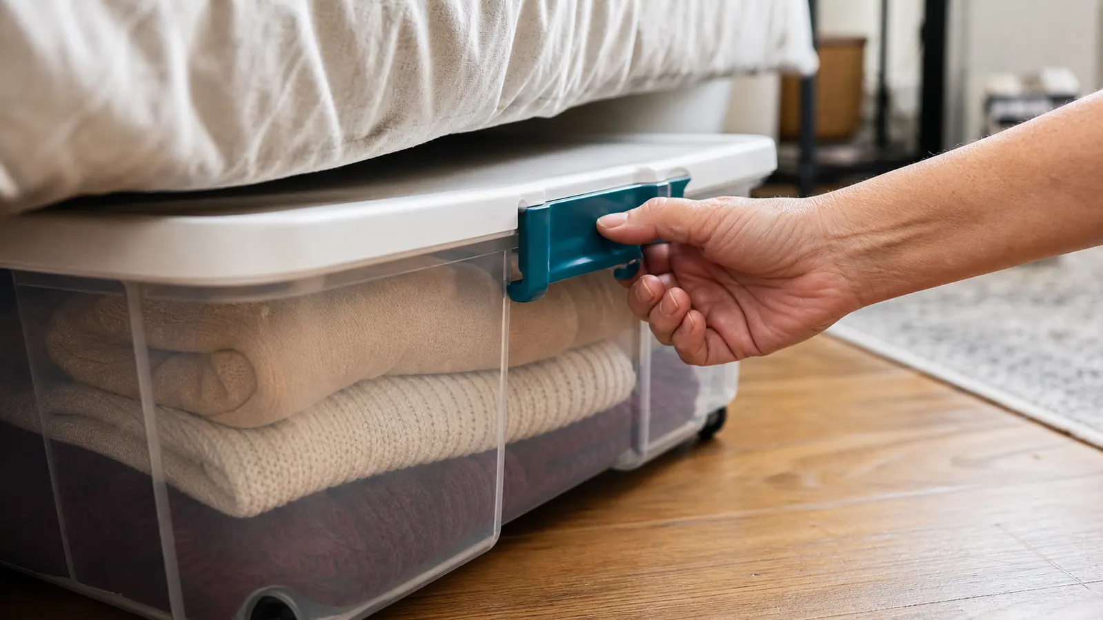 A hand pulling a wheeled clear plastic storage bin out from under a bed by its latch