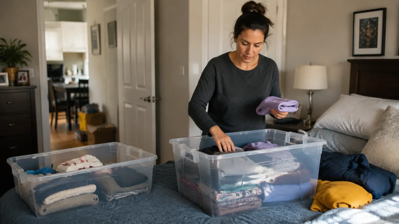 A parent folding kids' off-season clothing on a bed next to an open clear storage bin